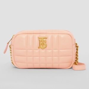 NEW Burberry pink peach quilted leather camera crossbody bag